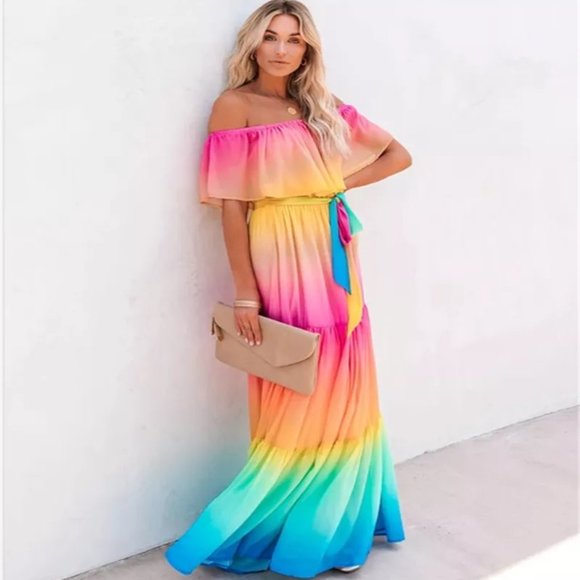 Rainbow Dress BOHO Maxi Off Shoulder - Ribbon Belt Waist - Flowing Hem - Picture 12 of 13